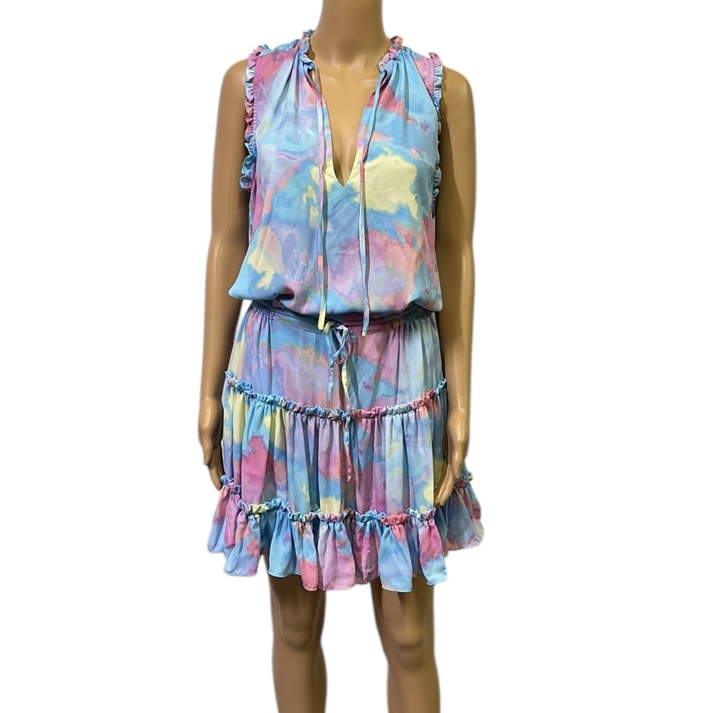 Buddy Love Groovy Pastel Rainbow Sage Ruffle Tiered Tie Waist Sleeveless Dress L